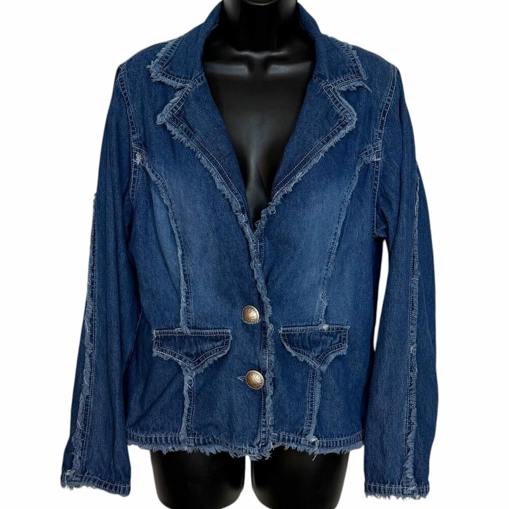 VTG Southwest Canyon Denim Blazer Jacket L Fray Trim Raw Hem Jean Shacket Y2K